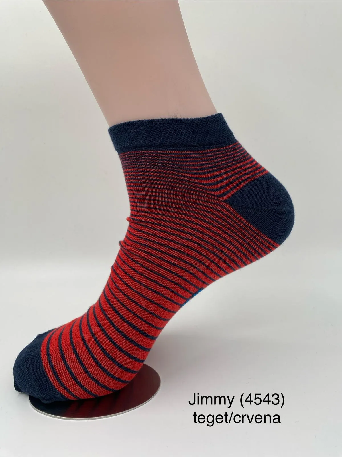 Red-and-navy narrow-striped ankle sock with a navy heel and toe.